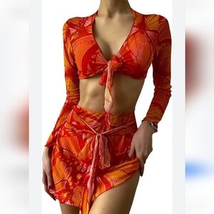 Pink and Orange Long Sleeve Swim Coverup with Tie Detail Top Only